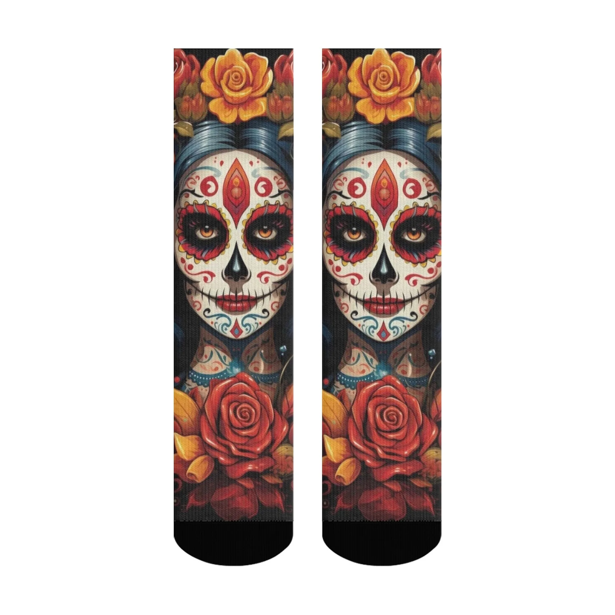Unisex-Crew-Socken im Day of The Dead-Stil mit Zuckerschädel- und Rosenmustern. Ideales Geschenk für Festivals, Feiern und Kulturzeiten