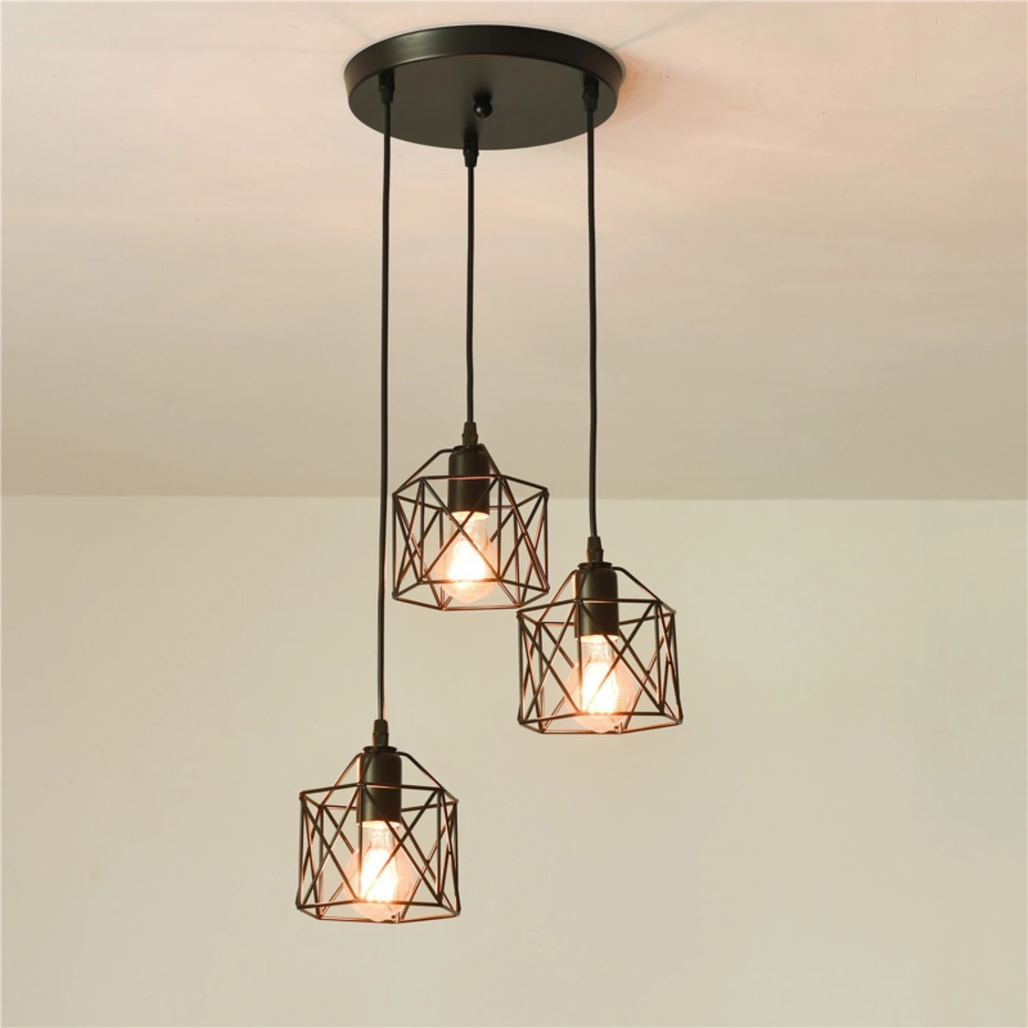 New Adjustable Industrial Metal Cage Chandelier Pendant Light Ceiling Lighting Fixture Hanging Lamp for Island Dining Room