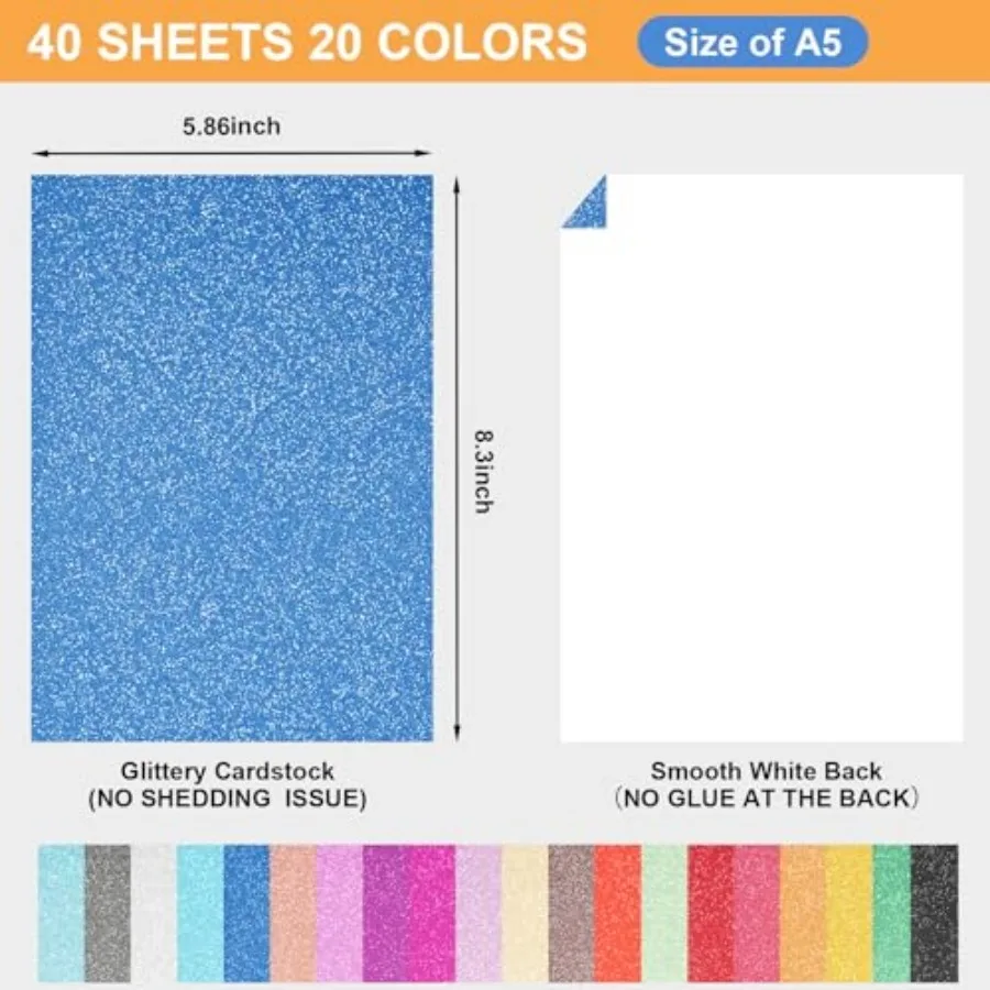 40 Sheets 20 Colors Glitter Cardstock, Cricut Paper Cardstock, No-Shed Sparkly Glitter, Glitter Paper for Arts and Crafts - Car