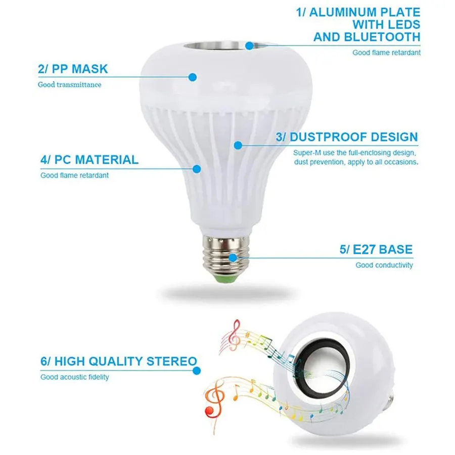 Bluetooth Music LED Bulb Remote Control RGB White Lamp Colorful 85-265V 12W E27 Stage Light Bulb for Home Party Decoration