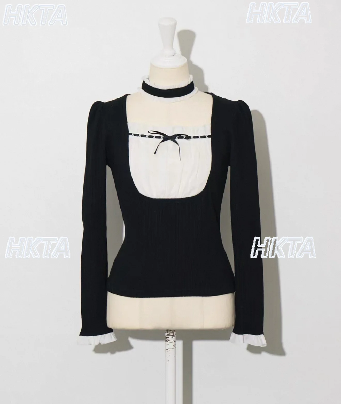 Japanese 2025 Commuter Autumn Winter Long Sleeve Square Neck Pleated Bow Slim Fit Black T Shirts Splicing Waist Tshirt Top Women