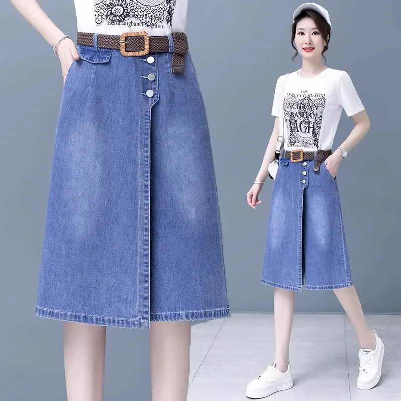 

High Waist Loose Wide Leg ort orts Summer New Sle Thin Denim Skirt Women's Faion Ci Walk A-Line Skirt PVC Material