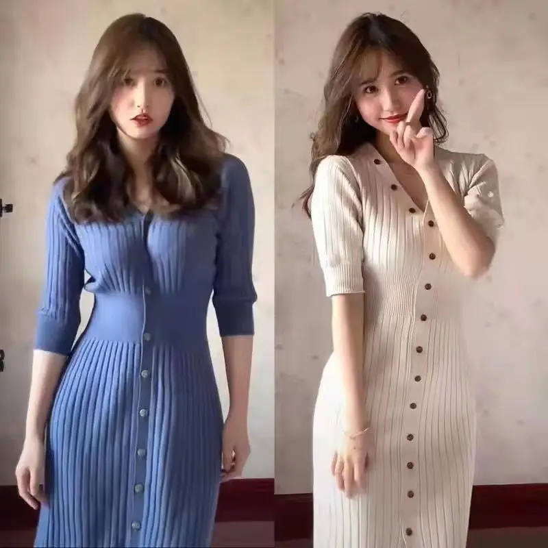 

Slim Fit Knitted Dresses 2023 Autumn New Half Sleeve Long Women's Dress Solid Color Casual Fashion Knitted Button Dresses