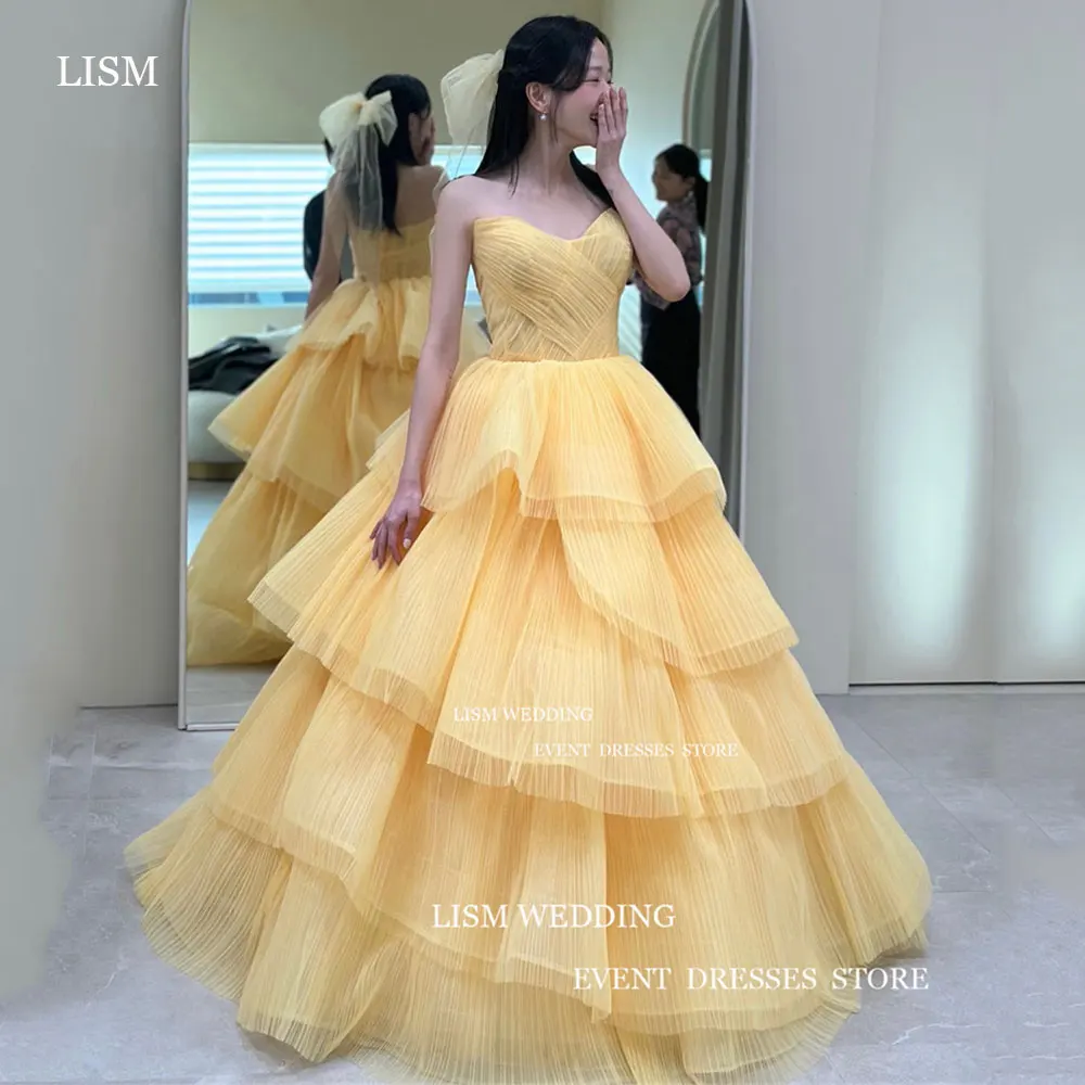 LISM Strapless Yellow Tiered Korea Wedding Party Dresses Photos Shoot Pleat A Line Evening Dress Sleeveless Custom Formal Party