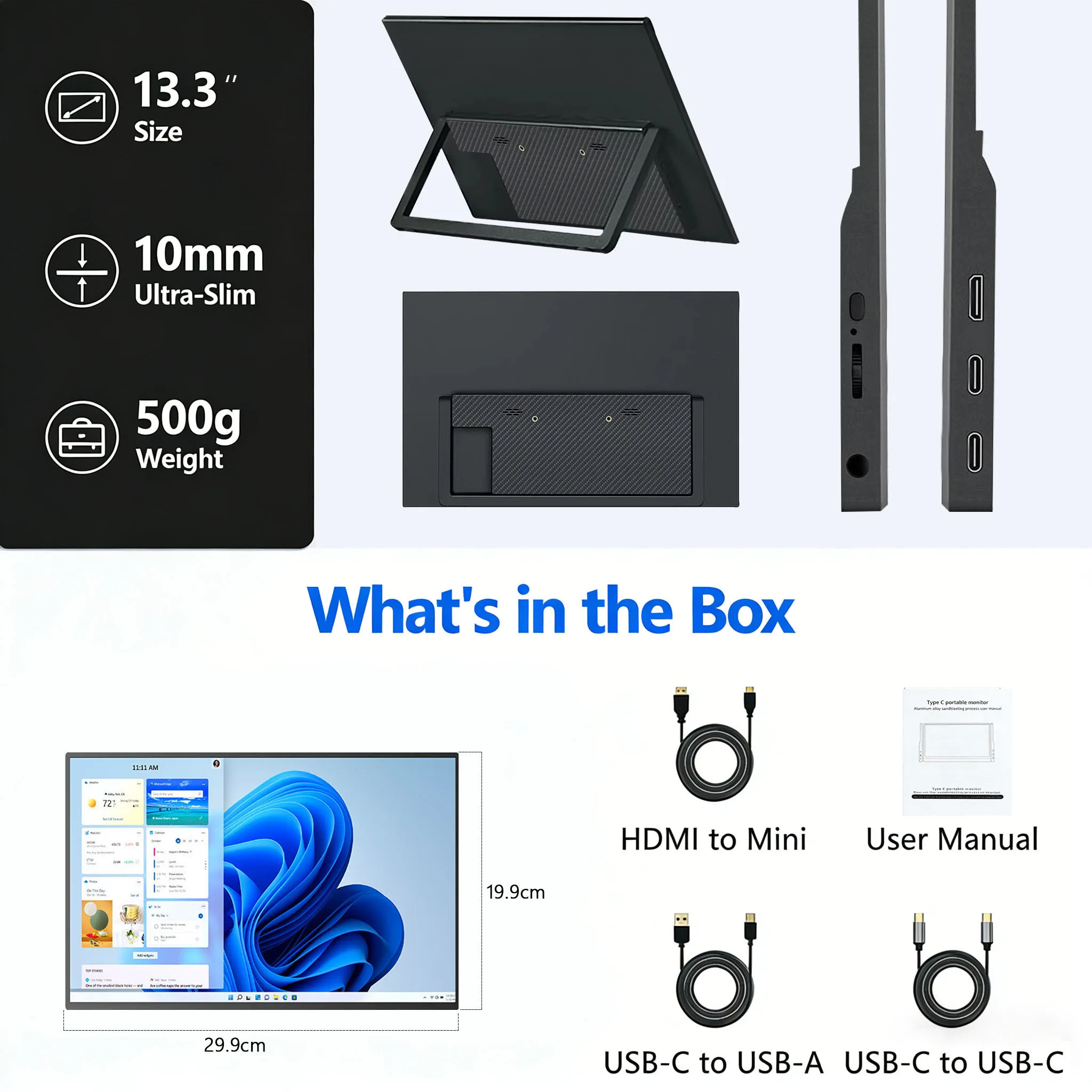 13.3'' Draagbare Touchscreen Monitor Display 1920*1200 16:10 IPS Paneel 100% sRGB Uitbreidingsmonitor Voor Mobiele Telefoon Gaming TV Box