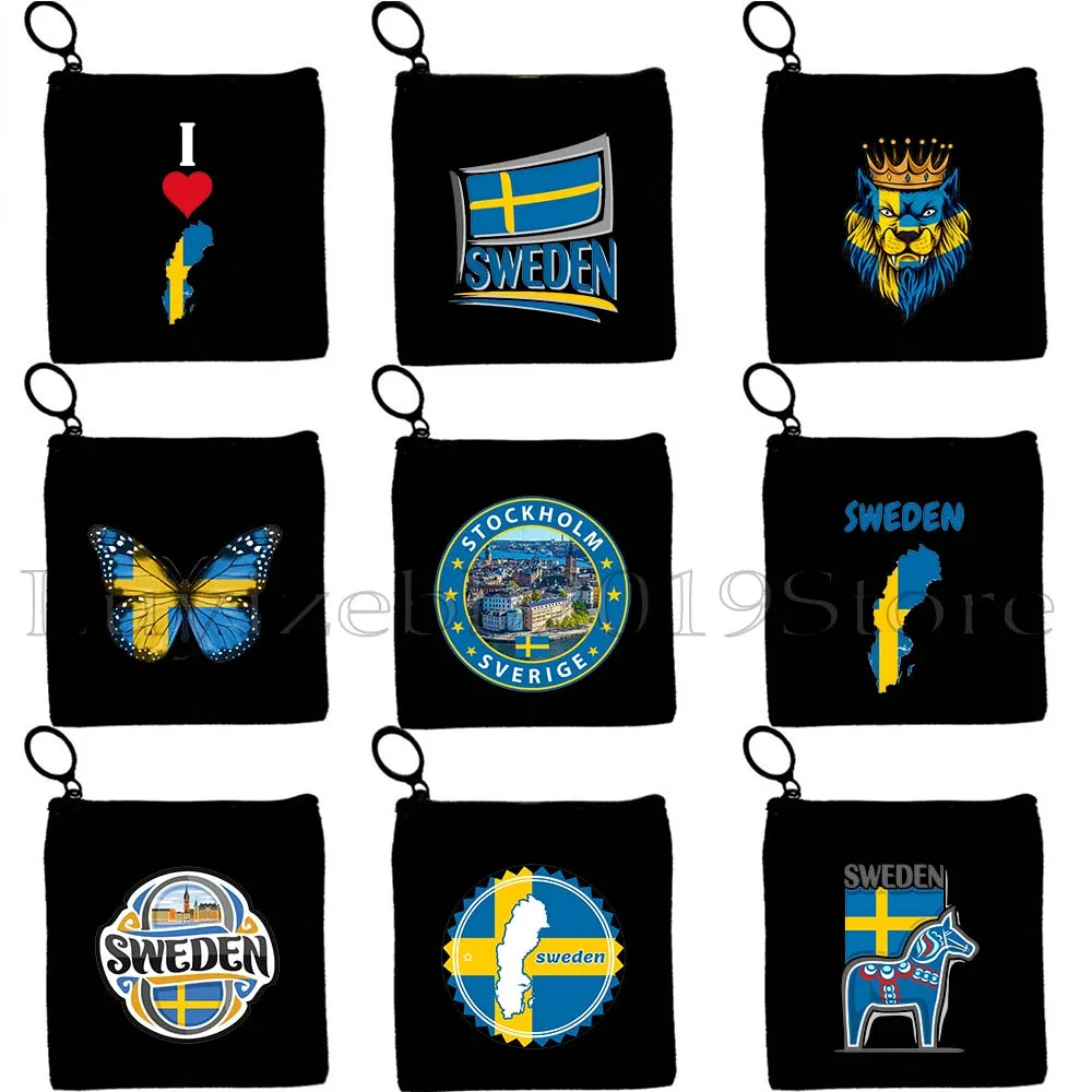 Sweden Flag Map Coat of Arms Stockholm Love Heart Swedish Gifts Canvas Coin Purse Key Case Small Storage Bag Wallet Zipper Pouch