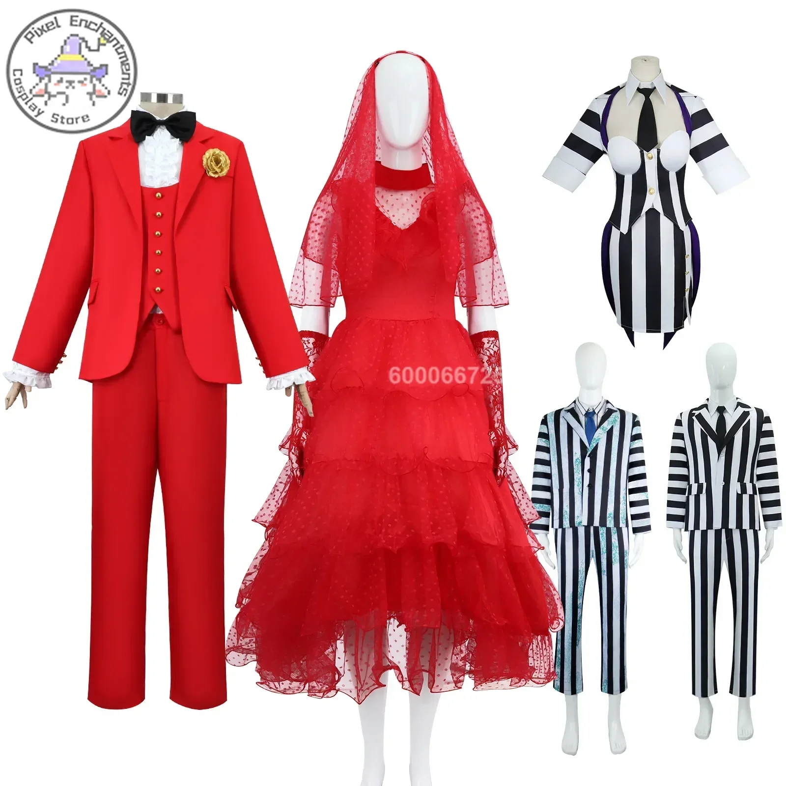 Fato cosplay vermelho e listrado de Halloween, trajes de dramatização para homens e mulheres, roupa de festa de carnaval, novo, 2024