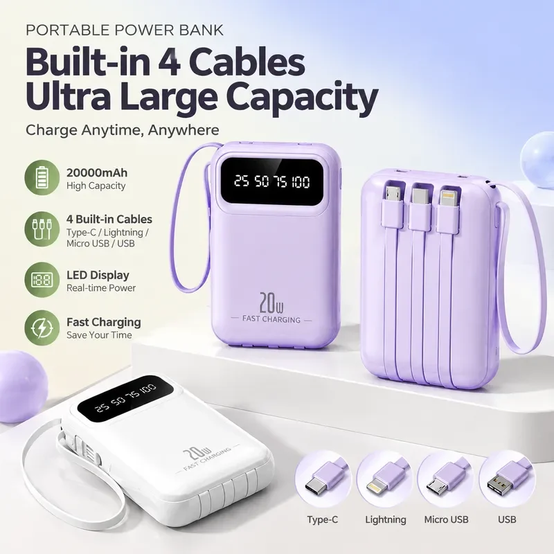 Factory New 20000mAh Mini Power Bank with Built in Cable Large Capacity Portable Mobile Charger for Wholesale Custom Printing
