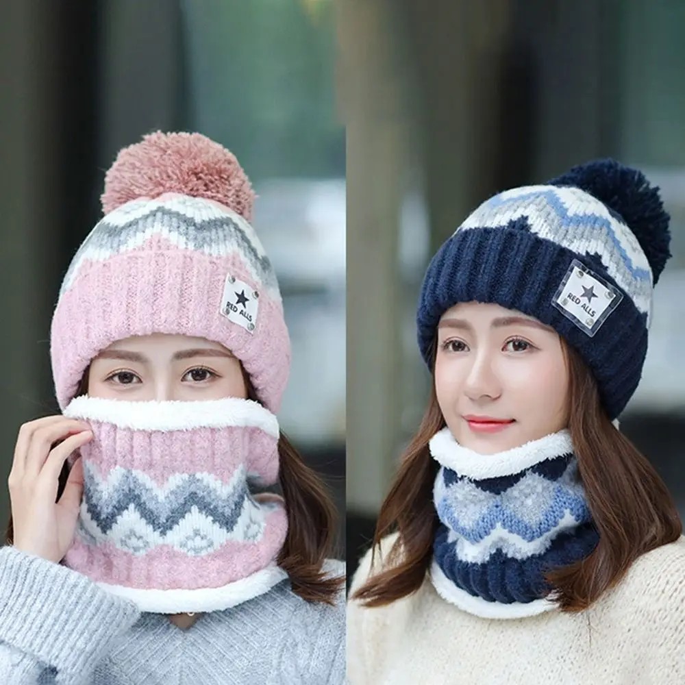 Winter Women Plush Velvet Hats Neck Warmer Hat Scarf Set Beanies Cycling Windproof Hat Outdoor Ear Protection