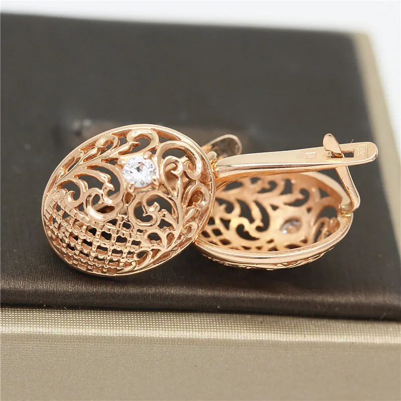 

585 purple gold plated 14K rose gold hollow flower-shaped crystal earrings for women palace style unique luxury charm jewelry