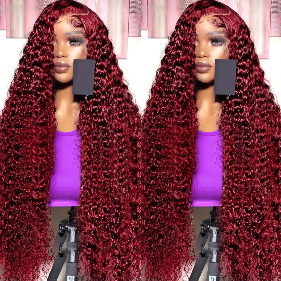 

13x6 Deep Wave Frontal Wigs Human Hair Transparent 99j Burgundy 4x4 Front Wig Red Colored Hd Lace Curly Human Hair Wig