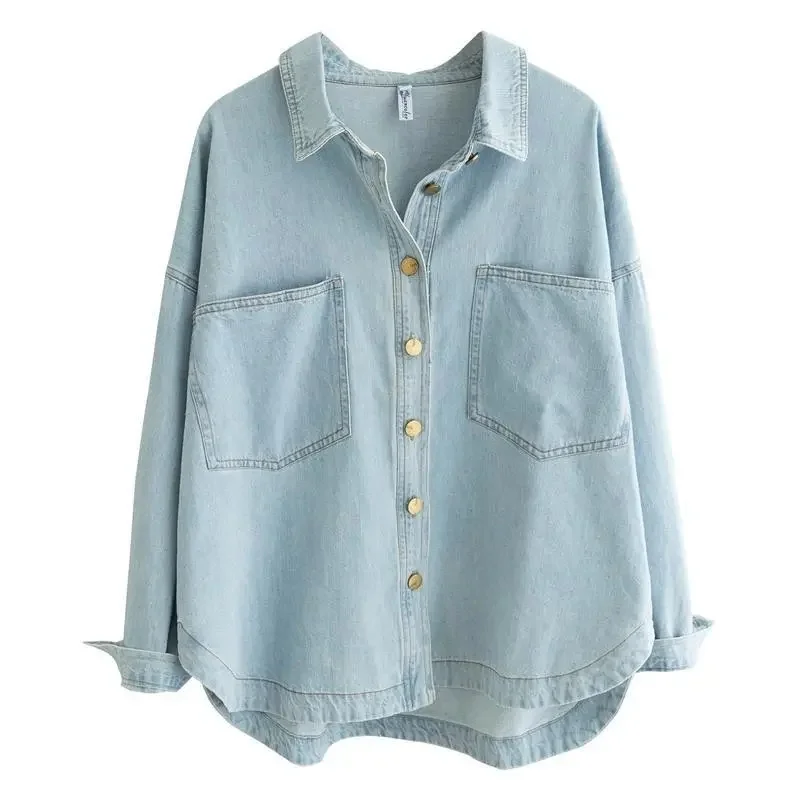 Camisa vaquera azul claro lavada de alta gama para mujer, abrigo holgado y delgado, chaqueta vaquera informal, Top de tendencia para mujer,