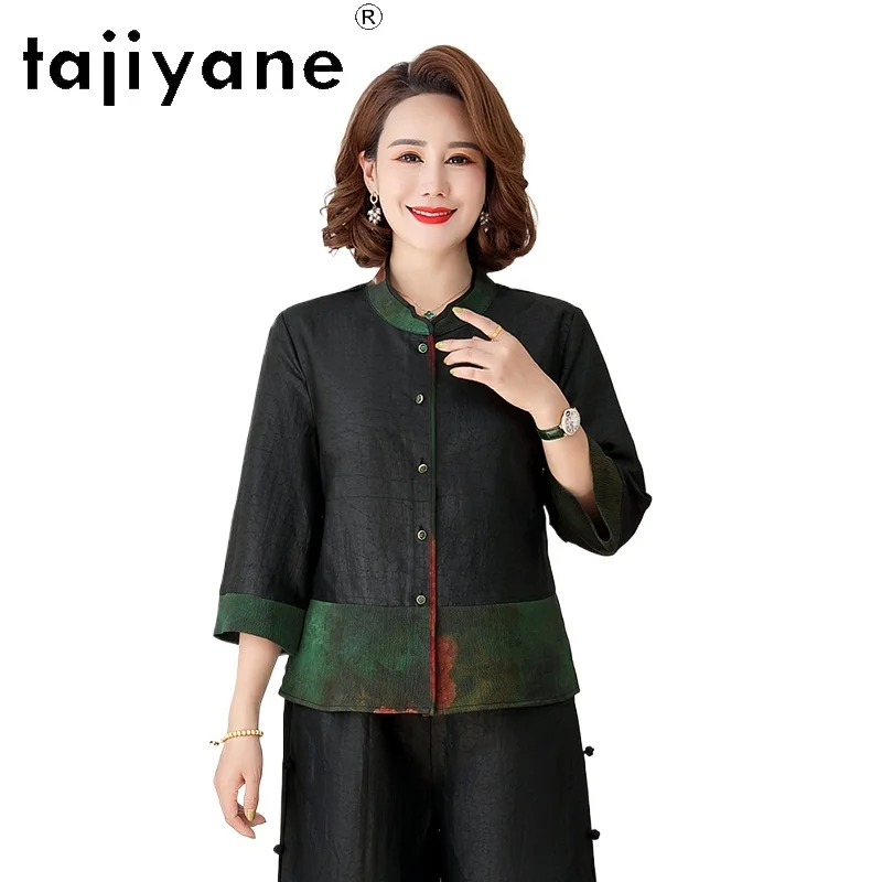 

TAJIYANE Real Mulberry Silk Blouse for Women 3/4 Sleeves Patchwork Hem Shirts Xiangyun Sha Summer Tops Woman Clothes 2026 одежда