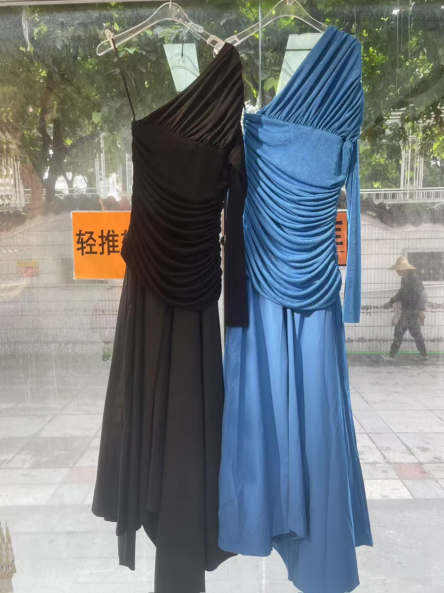 VGH Solide Slim Fit Elegante Abendessen Kleider Für Frauen Diagonal Einzelnen Schulter Hülse Hohe Taille Chic Falten Kleid Weibliche Mode