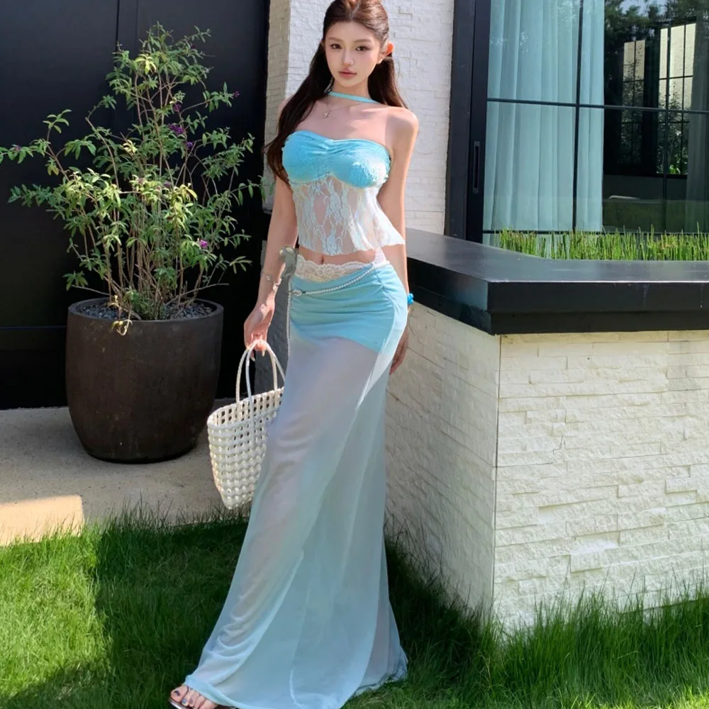 ALPHALMODA 2026, (belt NOT included) Beach Resort Style,   blue Tube Top + Mesh Hip-covering, Long Skirt, 2pcs Suit for Women
