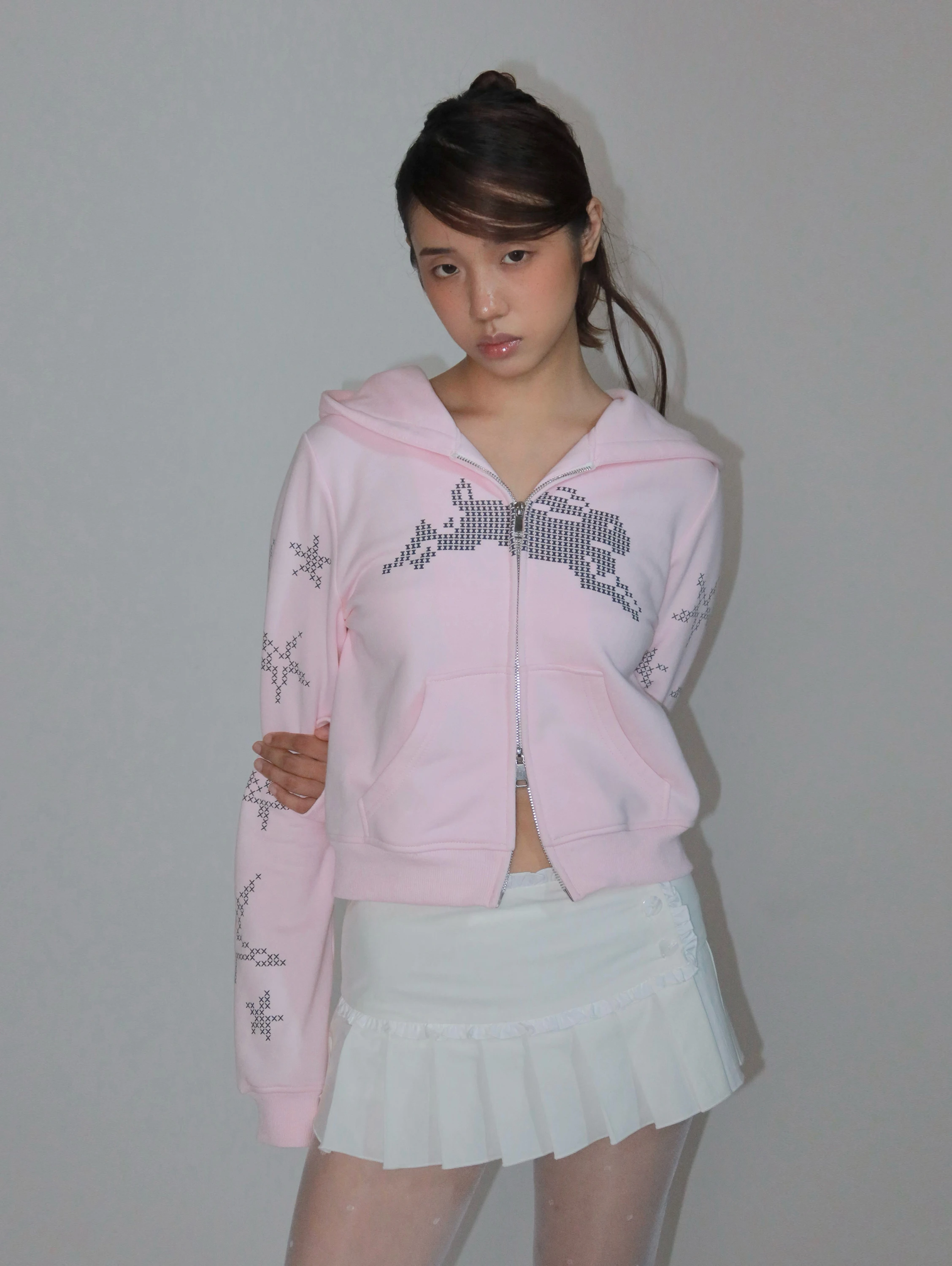 

Eaeplz Jum Star Rabbit Light Pink Long Sve Hoodie Women's Autumn Winter Top Loose Fit Cotton Zipper Closure Color