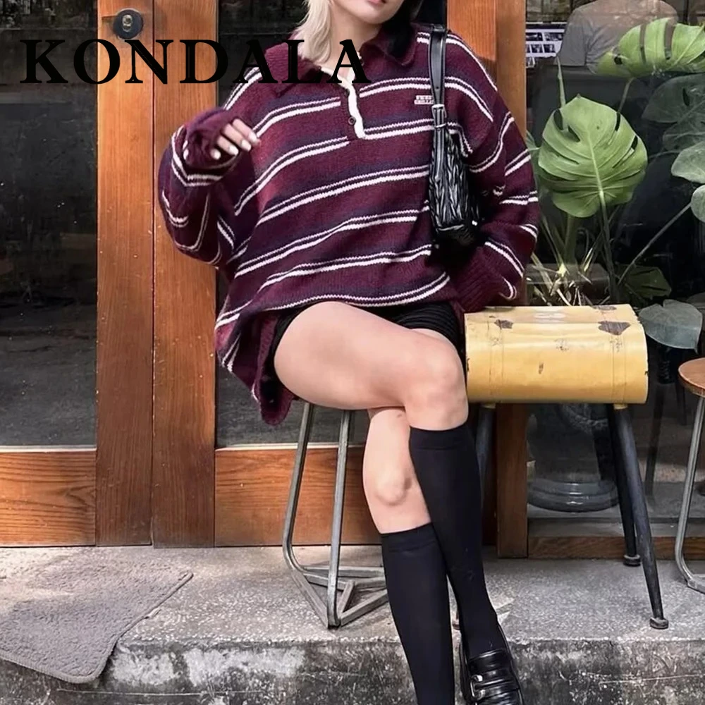 KONDALA Chic Collegiate Fashion 2025 Autumn Striped Streetwear Christmas Women Sweater Casual Oversized High Street Polo Sweater