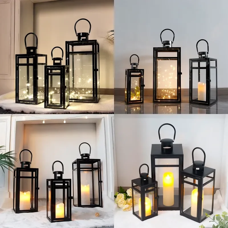 3 Pcs Modern Large Black Metal Candle Holders Garden Hanging Lanterns Outdoor Wedding Home Decor Empty Light Fixtures