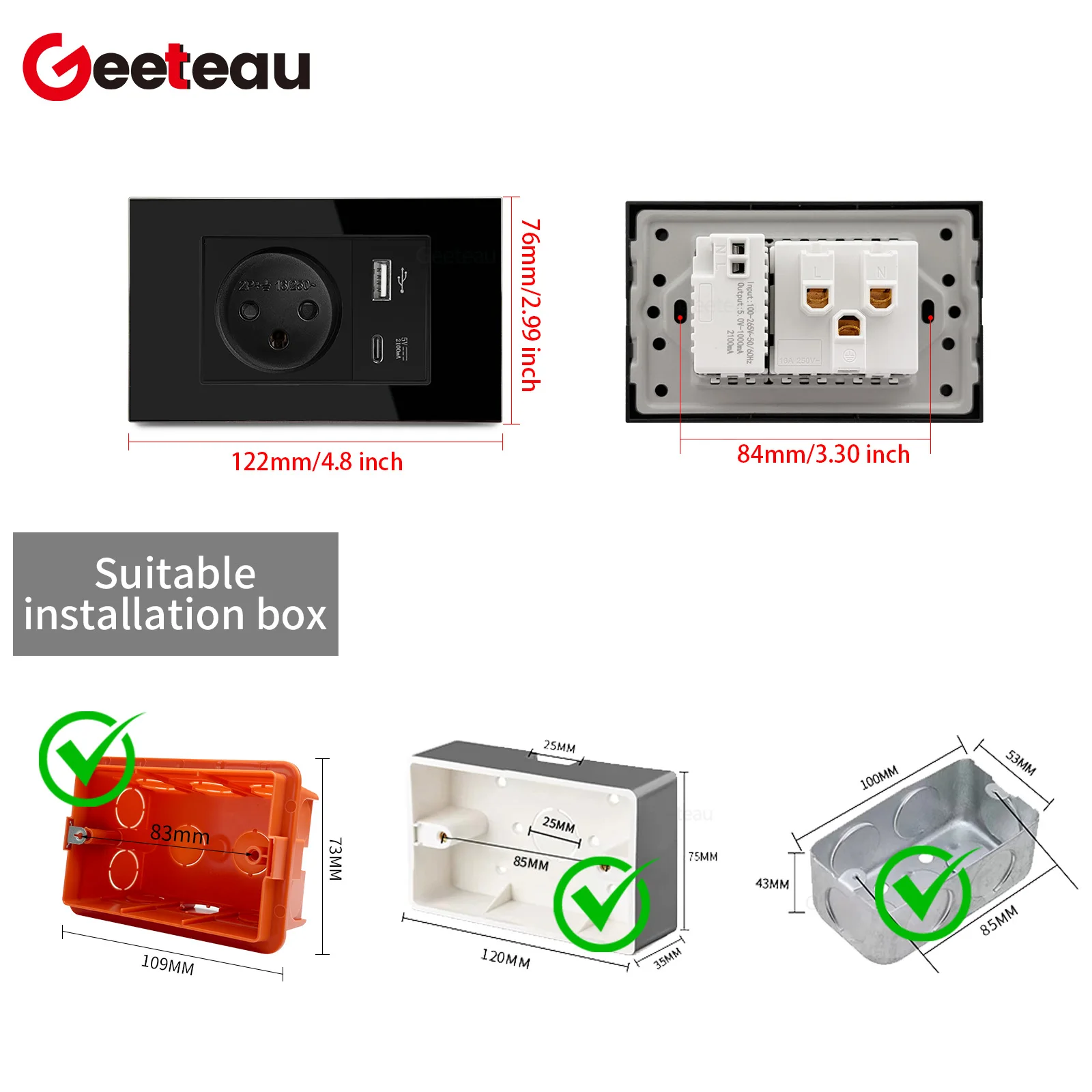 Geeteau Israel Type H Glass Panel Socket 16A 230V 10W USB C Phosphor Copper Secure Buckle Household Safe Wall Outlet view 6