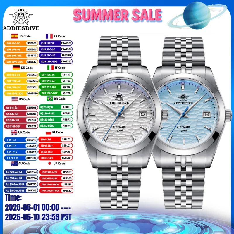

ADDIESDIVE TOP Men Luxury Watch AD2118 Wave Dial Sapphire Glass10Bar Waterproof Relogios Masculino Automatic Mechanical Watches