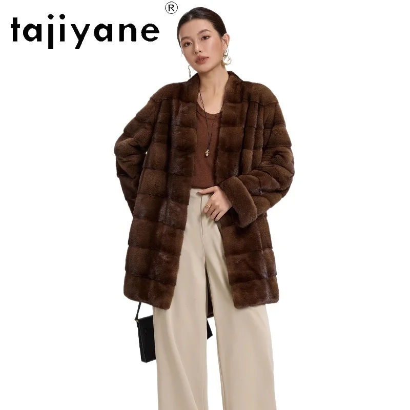 TAJIYANE, женская шуба из натурального норкового меха, роскошная меховая куртка средней длины, женская верхняя одежда высокого качества, зимняя женская одежда 2025 года шуба