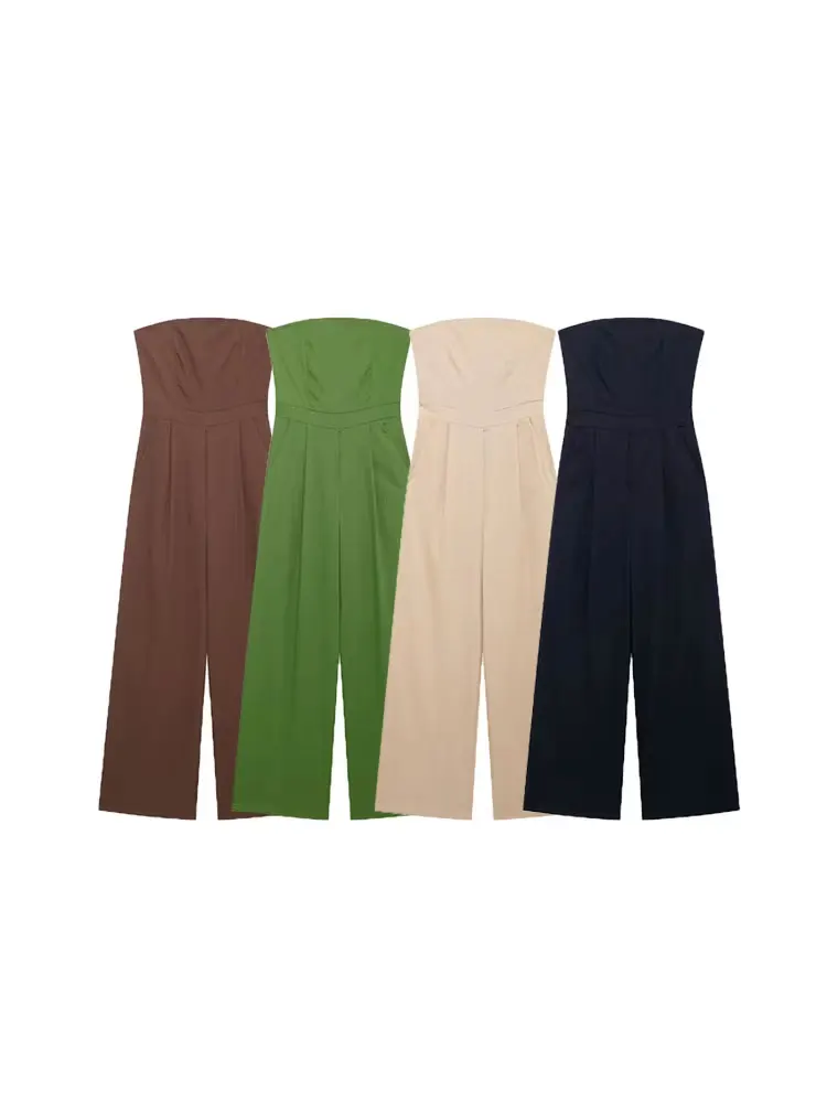 GELITAYIN TRZA-Strapless Linen Jumpsuits For Women, Straight Neck, Back Zipper, Female Playsuits, Chic Fashion