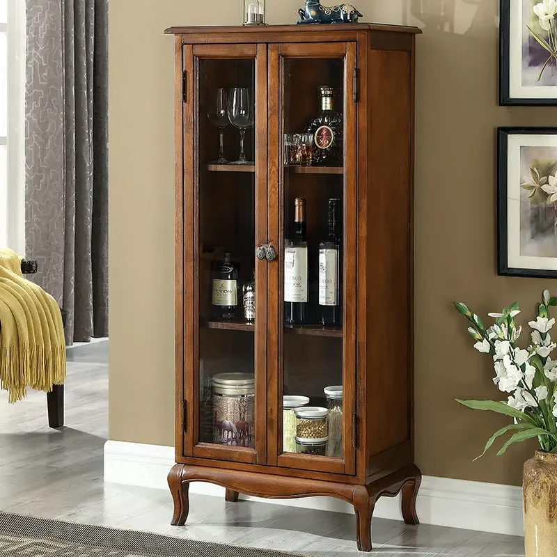 American-Style Solid Wood Wine   Small Locker European-Style Living Room Wall Storage Cabinet Shelf Glass Display Side Cabinet