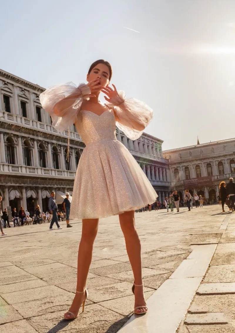 Vestido de baile de lantejoulas com glitter, Manga comprida espaguete, Vestido curto do baile, Vestido de formatura, Venda quente, 2023