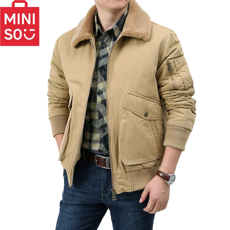 MINISO Heavy Industry Outdoor workwear Jacket with Velvet Thickened Cotton Coat Cotton Jacket Trendy Versatile Men\'s Casual Jack