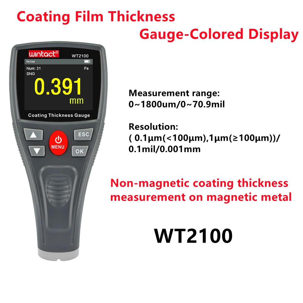 Medidor de espesor de película de revestimiento de coche de precisión wt2100, pantalla LCD, medidor de recubrimiento de espesor de mano, instrumento de medición Manual, 5 piezas