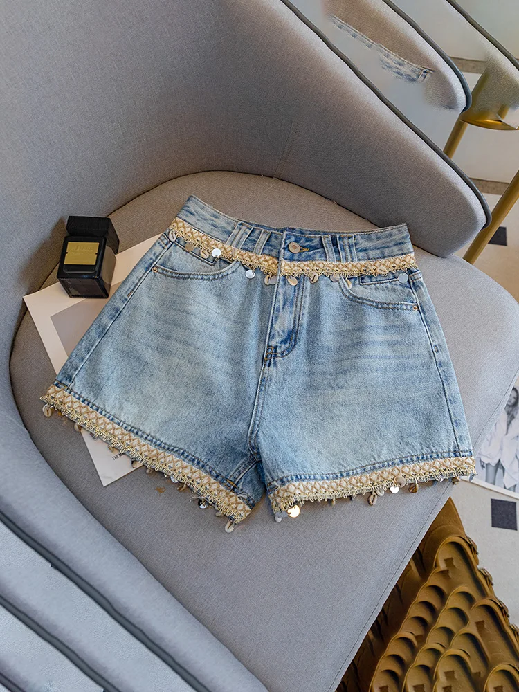 Boho Chic Kleidung für Frauen Jorts Retro Hohe Taille Breite Bein Jeans Shorts Shell Pailletten Quaste Design Trendy Stilvolle Shorts Denim