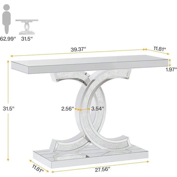 Mirrored Console Table, Modern Silver Entryway Table with Sparkling Crystal Inlays, 39-inch Glass Sofa Table Hallway Table