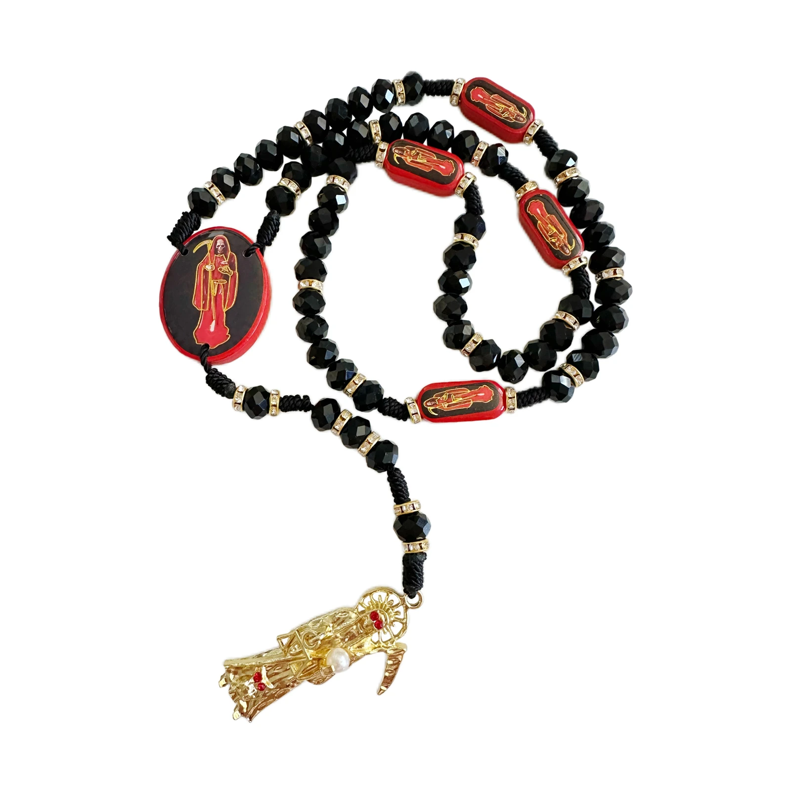 Colar preto da morte sagrada de madeira santa muerte colar rosários vermelhos contas bênção trabalhada rosario de laanta muerte oração g