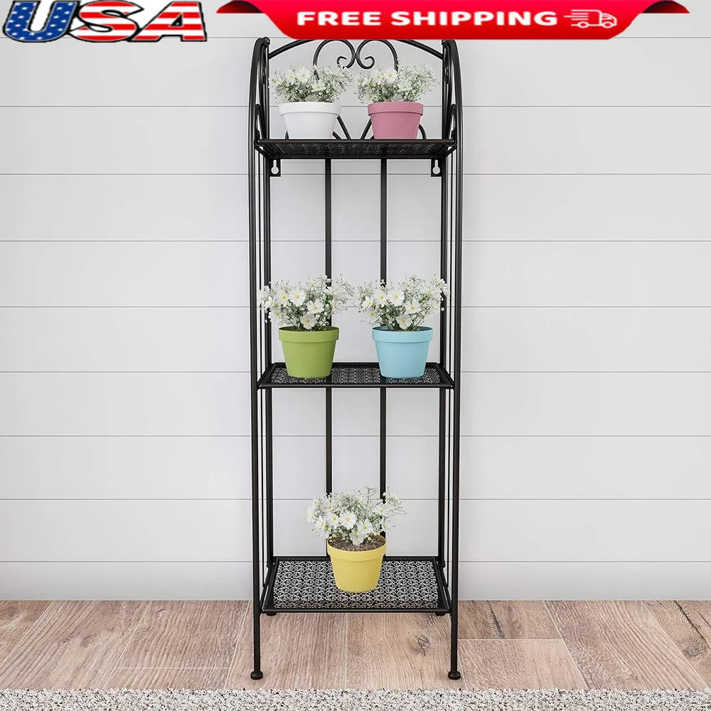 

3-Tier Folding Wrought Iron Plant Stand Indoor Outdoor Garden Display Lightweight Durable Metal Shelves Storage Easy to Move