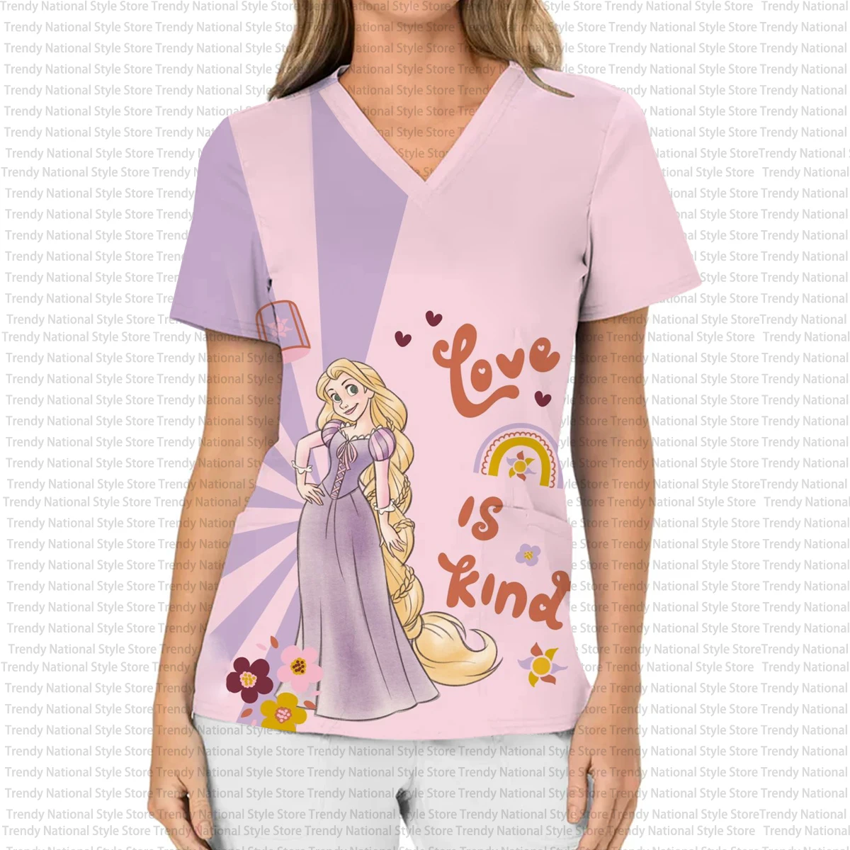 Neues Enchanted Story Rapunzel Cartoon Print V-Ausschnitt Pocket Frosted Top, medizinische Damen-Krankenschwester-Arbeitsuniform, Schönheitssalon-T-Shirt