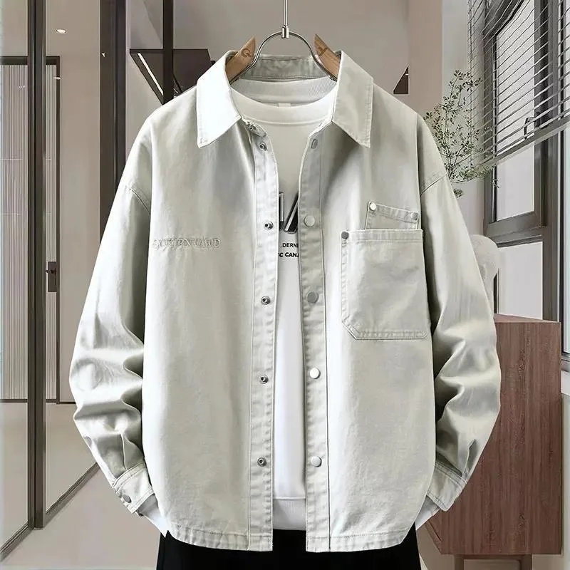 Men Lapel Long Sleeve Shirt Jacket Loose Trendy Casual Versatile Outerwear For Spring Autumn