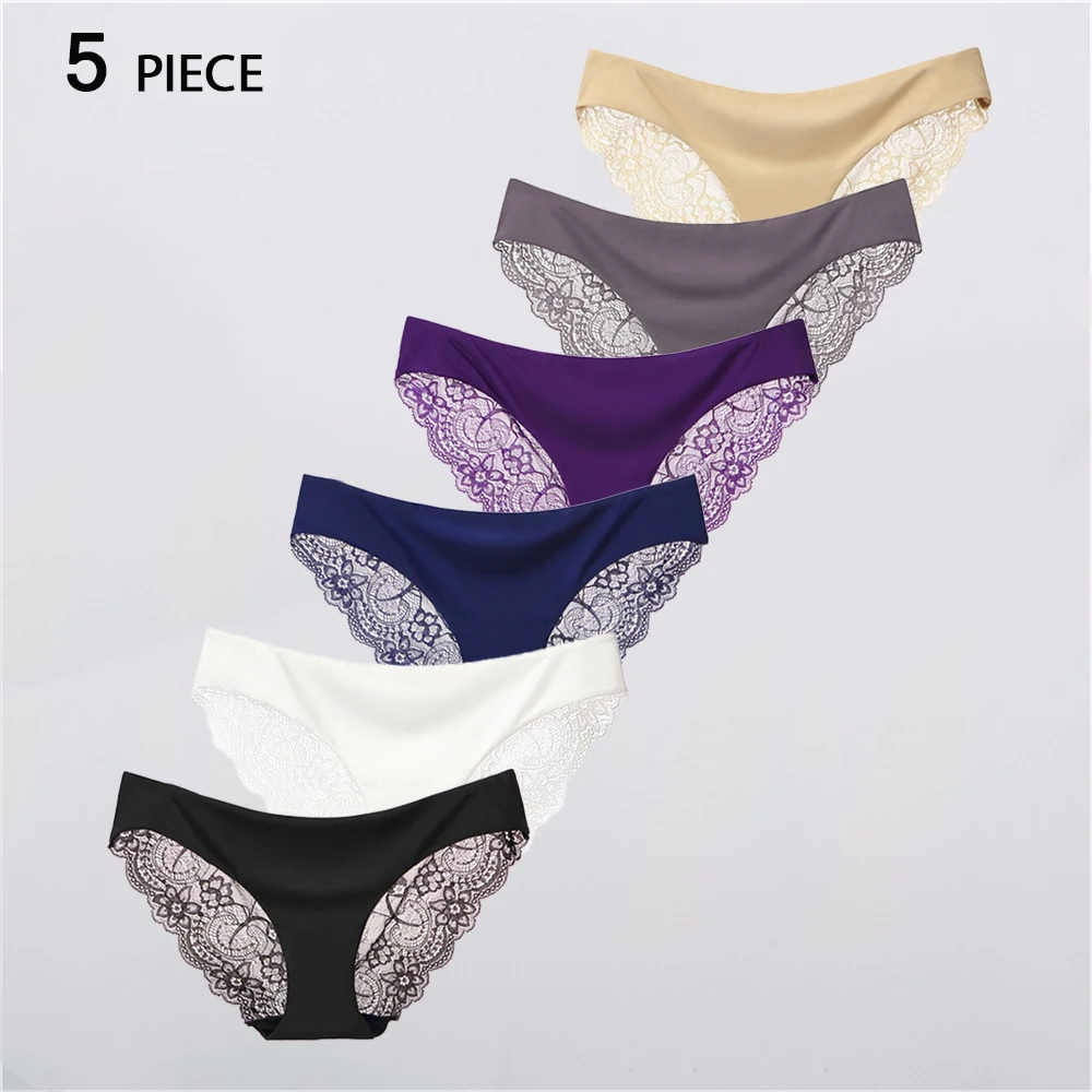 

5pcs Women's Low-Rise Lace Panties Seamless Cotton Crotch Breathable Comfortable Underwear Sexy Lingerie Briefs
