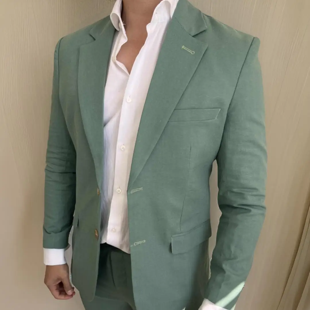 Traje de lino ajustado para hombre, esmoquin de 2 piezas, estilo italiano, verde salvia, chaqueta y pantalones, 2024