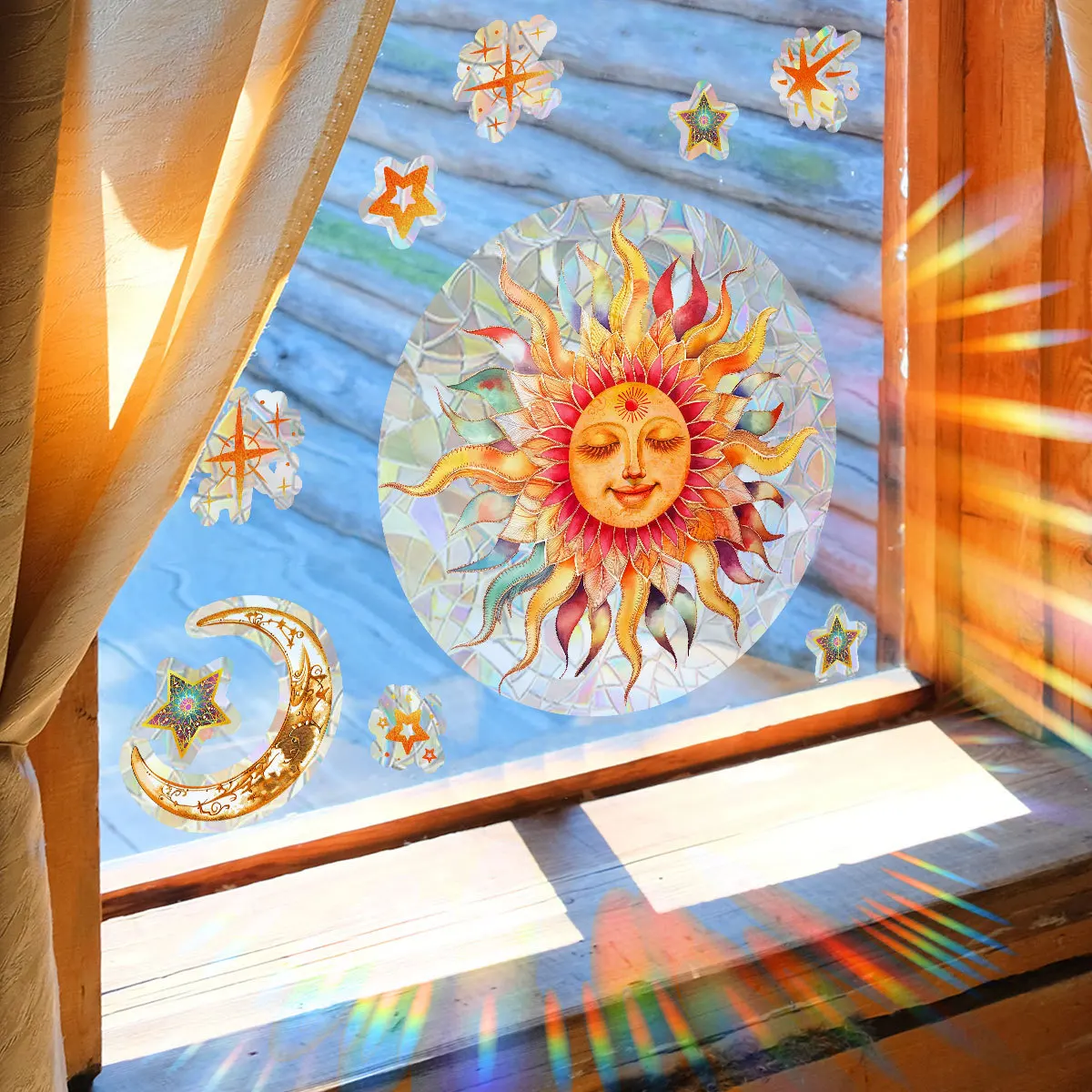 Cartoon Ancient Greek Sun Moon Stars Colorful Static Cling Stickers Stained Glass Decorative Films Window Stickers