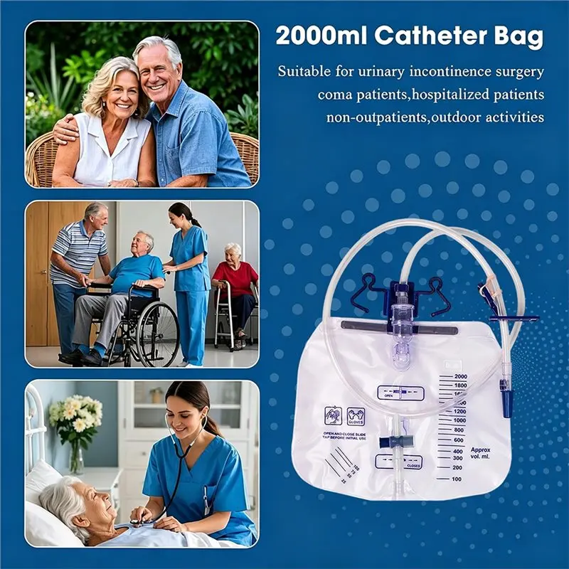AA20-5 Pack Urinary Drainage Bag, 2000Ml Anti-Reflux Catheter Bag With Drainage Tube, Leak Proof Splash-Resistant Drain Spout