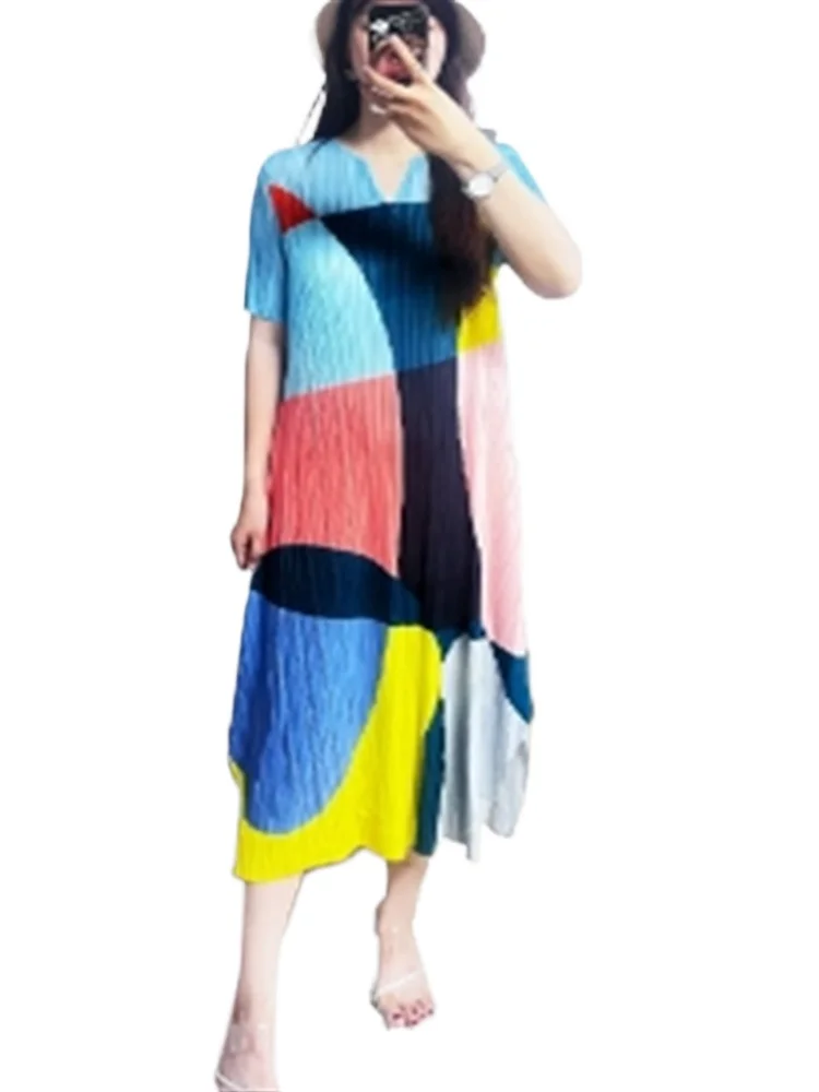 

Miyake Pleated Skirt for Women 2025 Summer New Fashion Printed High-end Casual Short-sleeved Round Neck Pleated Mid-length Dress