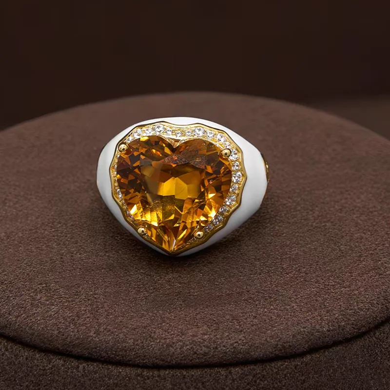 KQDANCE Cubic Zircon 925 Sterling Silver White Enamel Heart Shaped Natural Citrine Ring Wedding Party Jewelry Gift Accessories