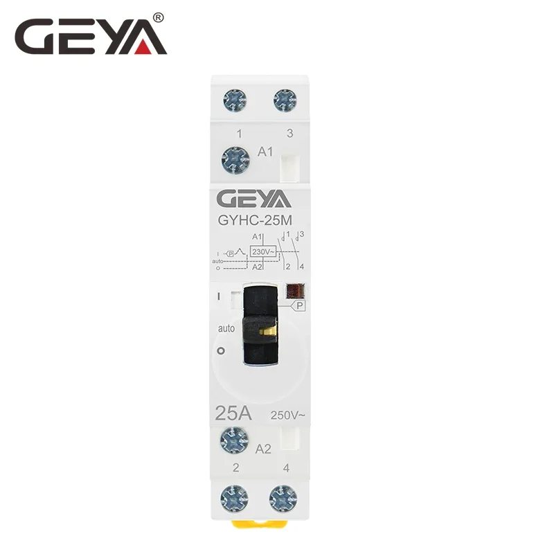 GEYA GYHC Modular Contactor 2P 16A 20A 25A 2NO or 2NC 220V Manual Control Household Contactor Din Rail Type