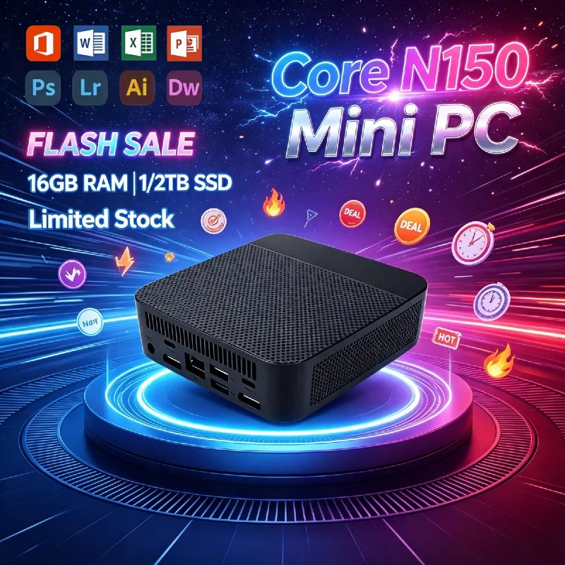 Intel N150 Mini Desktop PC 16GB DDR4 M.2 SSD 512GB Triple 4K Output WiFi6 Silent Cooling Office Home Gaming Pro Ultra Fast