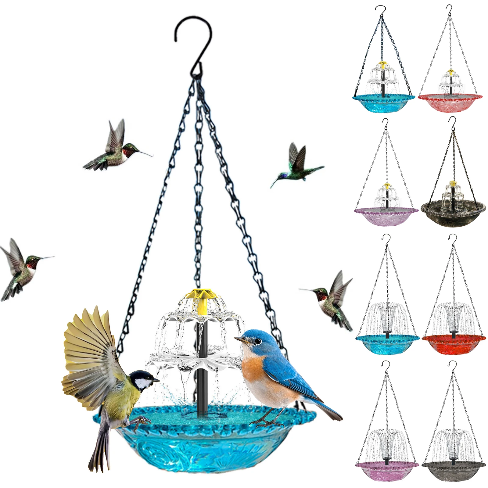 Fuente de agua para colibríes con bomba solar y tazón de vidrio, comedero para pájaros al aire libre, comederos colgantes para colibríes para jardín y patio.