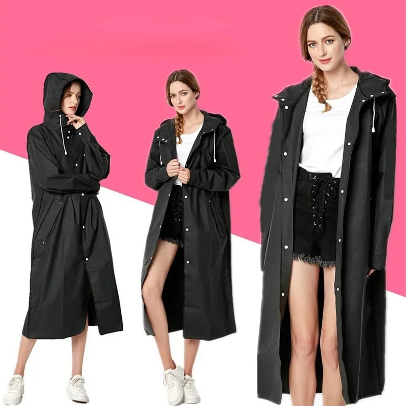 

2024Hot Fashion black Waterproof EVA Adults Thicken Hooded Raincoat Women Men Outdoors Rainwear