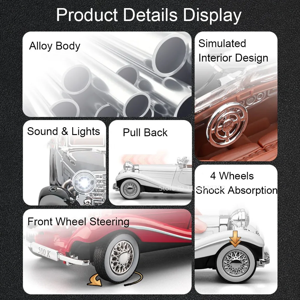 1:32 500K 300SLรถโบราณรุ่นMiniatureของเล่นโลหะผสมDiecastเสียงประตูเปิดดึงกลับShock Absorptionสําหรับของขวัญเด็ก