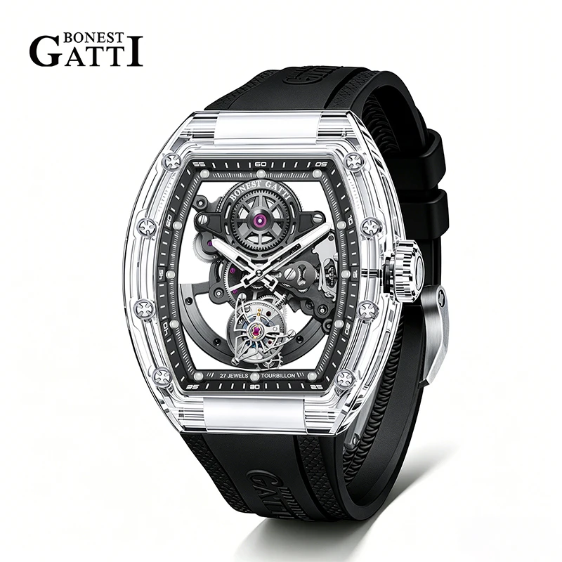

BONEST GATTI Men Tourbillon Automatic Watch Crystal Case Sapphire Luminous Top Brand Rubber Strap Wristwatch