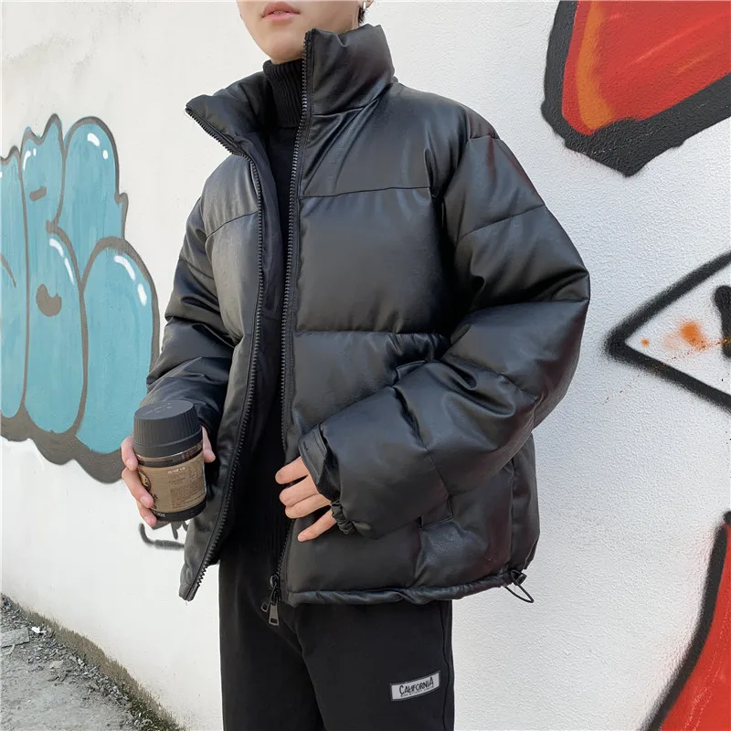 Thicken Solid Color Mens Parkas Oversized Warm Winter Leather Coats Harajuku Fashion Male Loose Cotton Padded Jackets PU Leather