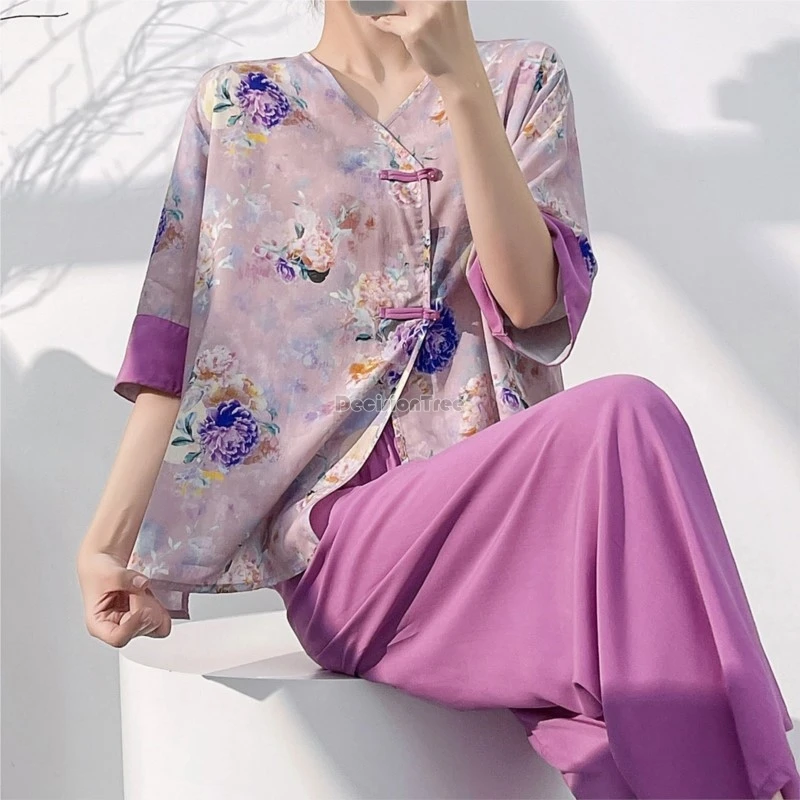 2026 new women's summer chinese style breathable top pants 2-piece female printed chinese pajamas female retro buckle sleepwear